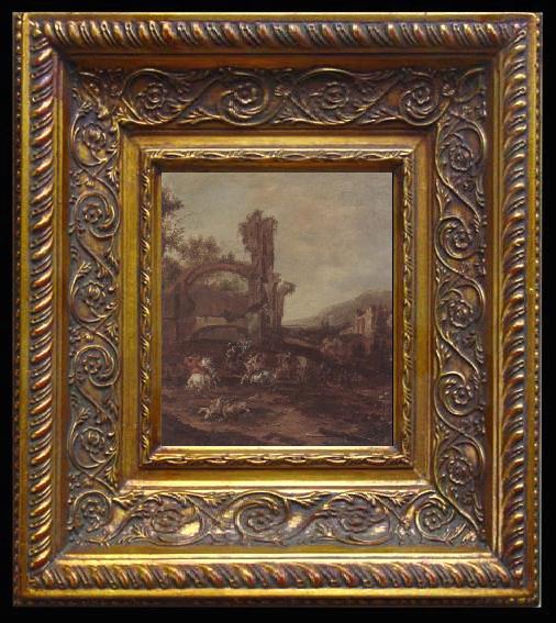 framed  unknow artist An architectural capriccio with a cavalry engagement,a landscape beyond, Ta078